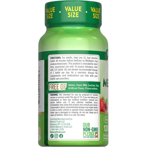 Bottle of Melatonin 12 mg, 120 fast dissolve tablets for sleep support and wellness.