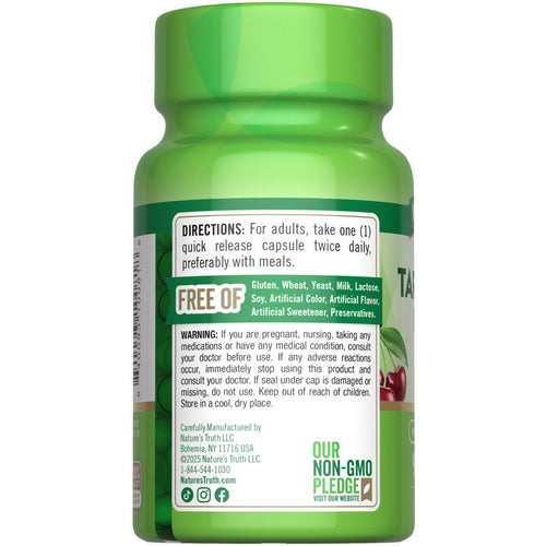 NT Tart Cherry 1200 mg, 90 quick release capsules shown on a bulk scale, depicting product weight and packaging details.
