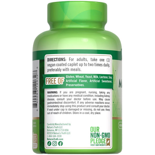NT Magnesium 250 mg, 250 vegan coated caplets, depicted on hand scale. Bottle contains 250 mg each.