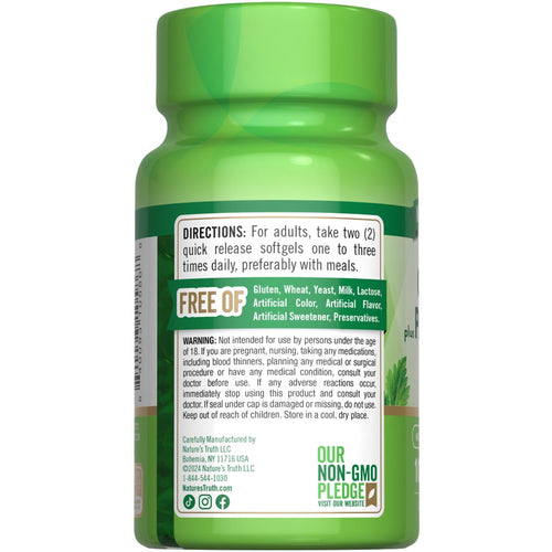 Image showing NT Odorless Garlic & Parsley, 1200 mg, 100 softgels in a bottle on a hand scale, highlighting product quantity and dosage.