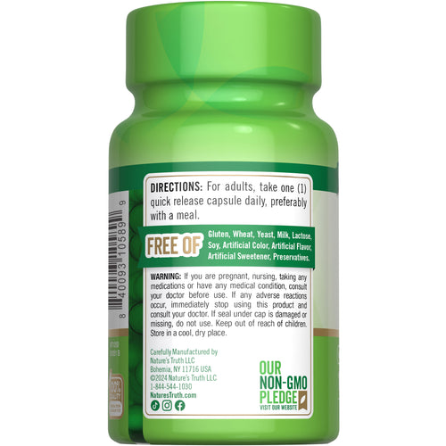 B-2 bottle with icons indicating Gluten & Wheat Free, Yeast Free, Milk & Lactose Free, Soy Free, No Artificial Additives, Non-GMO