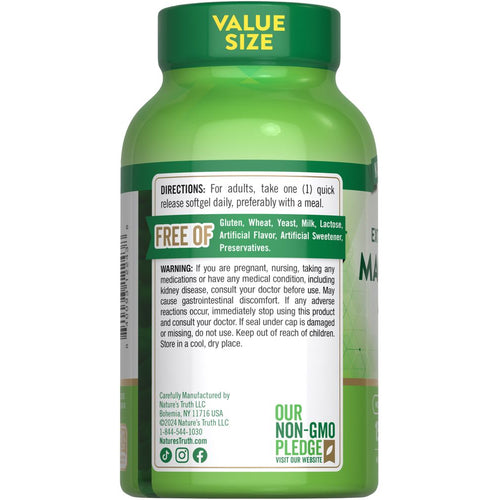 Back of NT Magnesium 400mg 150 Softgel bottle with 'VALUE SIZE' cap, usage directions, warnings, and 'FREE OF' info.