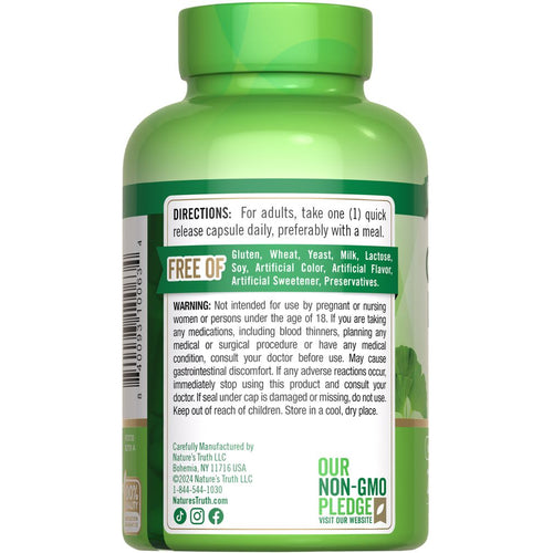 A hand holds a bottle of Ginkgo 120 mg + Bacopa quick release capsules, containing 200 capsules.