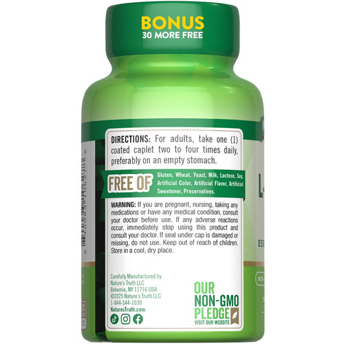 View 7 Bottle of L-Lysine 500 mg caplets with 'BONUS 30 MORE FREE' label, displayed for bulk scale.