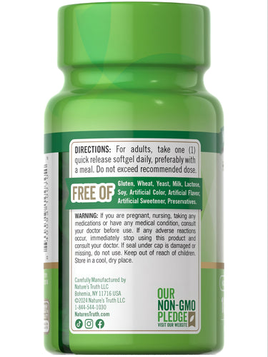 Back of NT D3 10,000 IU (250 mcg) 100 Softgels bottle showing directions, 'Free Of' claims, warnings, and Non-GMO Pledge.