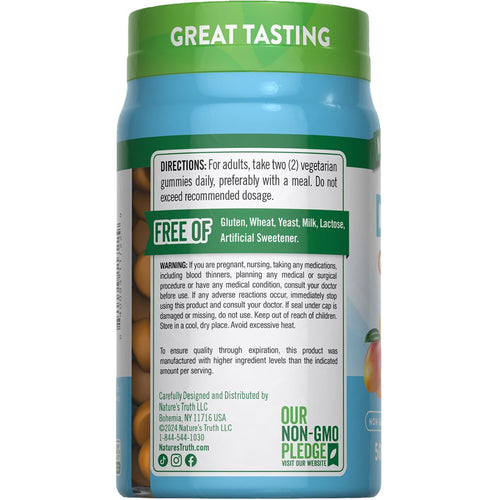 Clear bottle of 50 NT K2 + D3 vegetarian gummies with visible product label, resting on a hand scale.