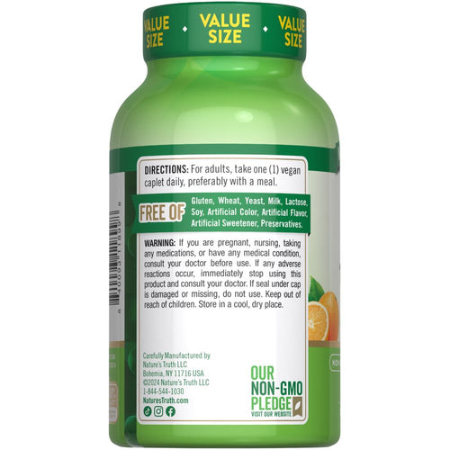 Bottle of NT C 1000 mg + RH 300 vegan caplets on a bulk scale.