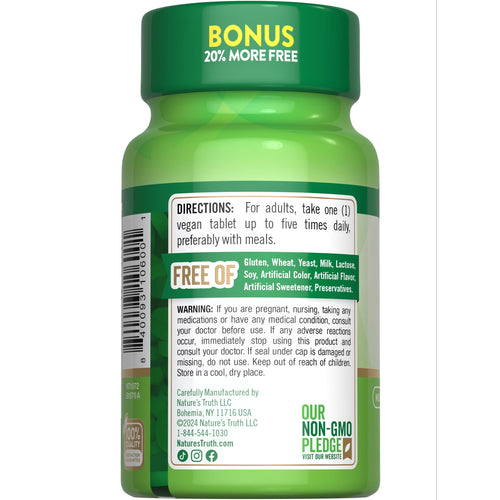 NT B-12 500 mcg 100 +20 Tablets bottle, back label shows 'BONUS 20% MORE FREE' and lists directions, warnings, and 'FREE OF' claims.