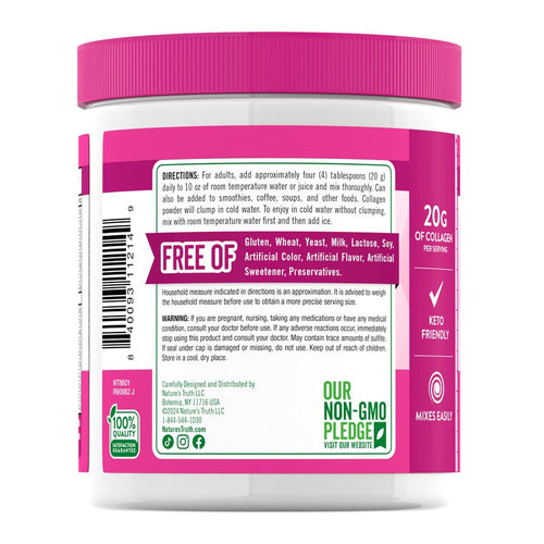 A 7 oz tub of collagen powder resting on a hand, showcasing its size for accurate measurement.