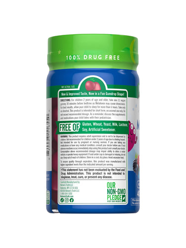 Hand holding a bottle of melatonin 1 mg gummies, 40 count, gumdrop-shaped for easy consumption.