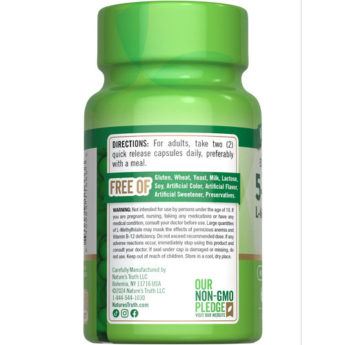 NT L-Methylfolate 15 mg 60 Quick Release Capsules bottle, free of gluten, wheat, yeast, milk, lactose, soy, artificial color, flavor, sweetener.