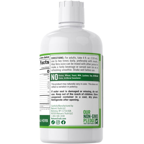Aloe Vera Juice Unflavored 32 oz bottle. Serving size is 4 fl. oz. (118 mL).