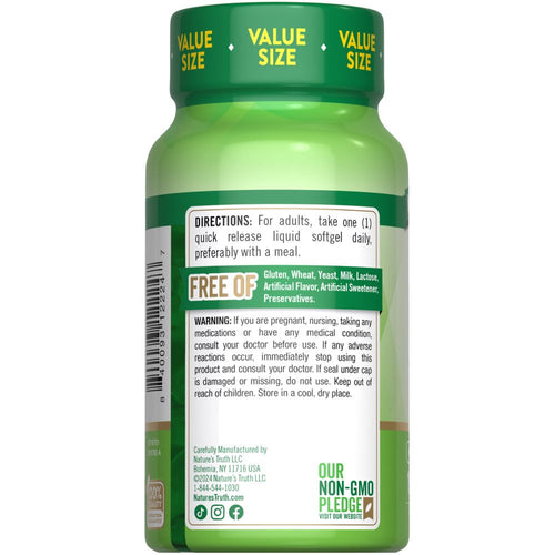 Value Size NT B-12 1000mcg 150 Softgels bottle, back label with directions, warnings, and 'FREE OF' claims shown.