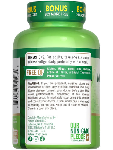 A bottle labeled Magnesium 400 mg with 60+12 softgels resting on a hand, indicating quantity and dosage.