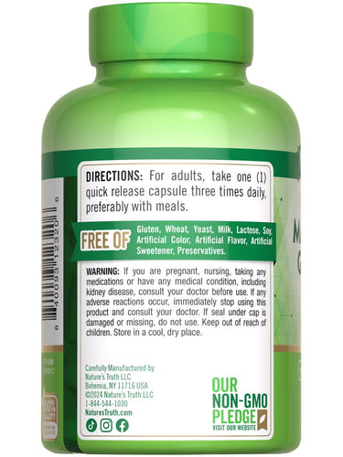 Hand holds a bottle of Magnesium Glycinate 750 mg capsules, depicting dosage focus for supplements.