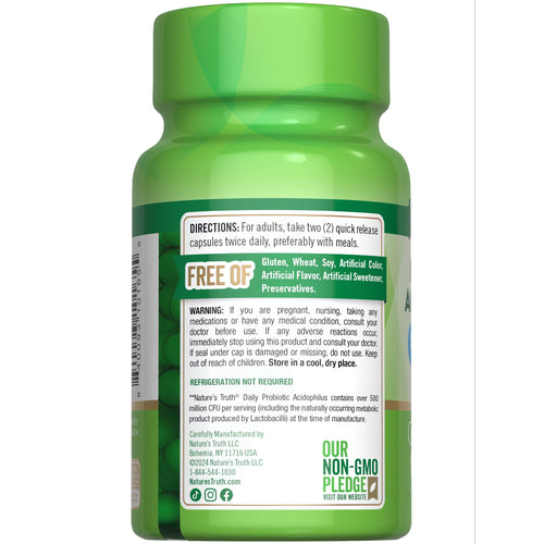 Bottle of Probio Acidophilus containing 500 million CFU and 100 quick release capsules.