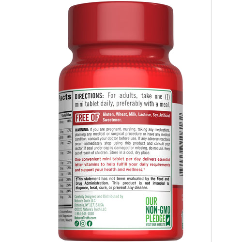 Back label of Essential Multi bottle describes one mini tablet dosage; free of gluten, wheat, milk, lactose, soy.