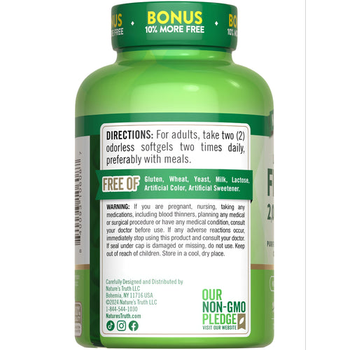 Hand holding NT Odorless EC Fish Oil Softgels, 2000 mg, displayed on a bulk scale.