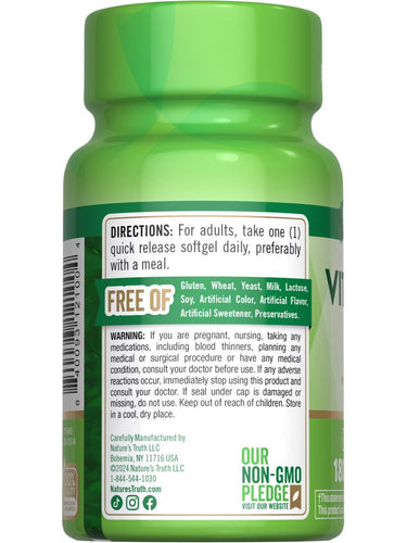 NA K-2 100 mcg 180 softgels bottle shown on a hand for scale.