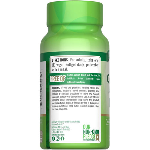 NT Vegan Omega-3 60 Softgels bottle back label shows directions, 'Free Of' claims, and warning information.
