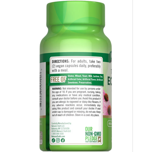 Hand holding a bottle of NT Echinacea 1300 mg, containing 100 vegan capsules, visible against a bulk scale background.