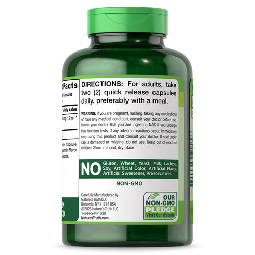 NAC bottle with icons indicating gluten-free, yeast-free, milk/lactose-free, soy-free, no artificial additives, non-GMO.