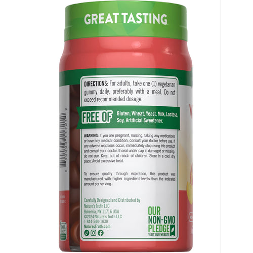 NT D3 5000 IU (125 mcg) gummies bottle back, showing directions for one vegetarian gummy daily.