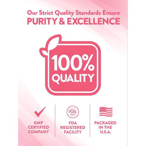 This infographic highlights a 100% quality, GMP certified company with an FDA registered facility, packaged in the USA.