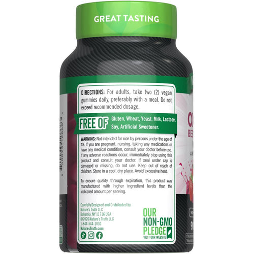 Bottle of 90 vegan gummies with a recommended dosage of two gummies daily.