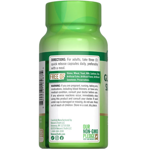 Glucosamine 3000 mg, 60 quick-release capsules shown on a hand scale for size comparison.