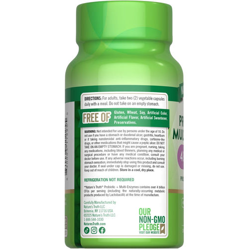 Probiotic Multi Enzyme Complex bottle showing dosage of two vegetable capsules per serving.
