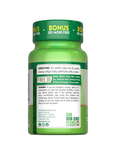 NT D3 1000 IU (25 mcg) 100+30 Softgels bottle back label showing directions, warnings, and free of gluten, wheat, milk, lactose, soy.