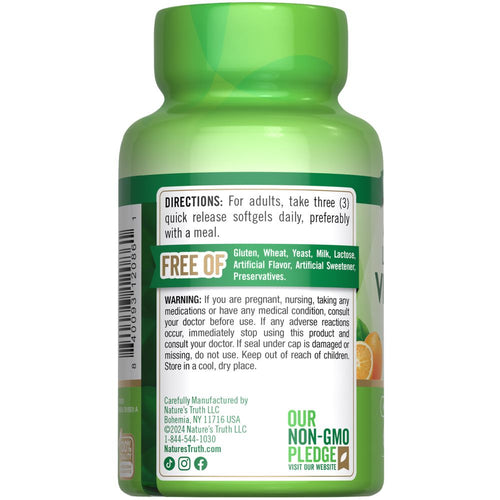 Back label of NT Liposomal Vitamin C 1650 mg 60 Softgels bottle showing directions, warnings, and free of claims.