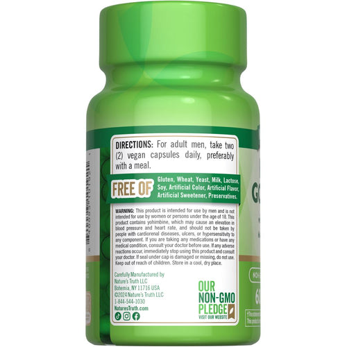Horny Goat Weed with Maca bottle, 60 Veg Capsules. Back label shows directions and warnings, ensuring safe usage.