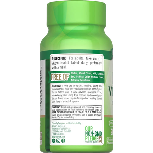 NT Iron + Vitamin C bottle with 90 vegan-coated tablets, shown in hand for scale.