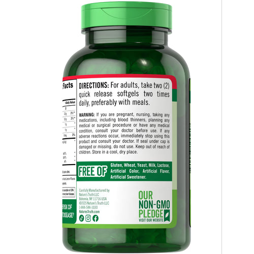 Nature's Truth Lemon Flavor Fish Oil 2400 mg quick release softgels in a bulk scale image.