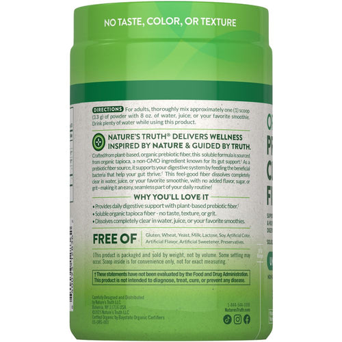 NT Organic Prebiotic Fiber Powder, 3.53 oz with label stating 'No Taste, Color, or Texture' in hand on scale.