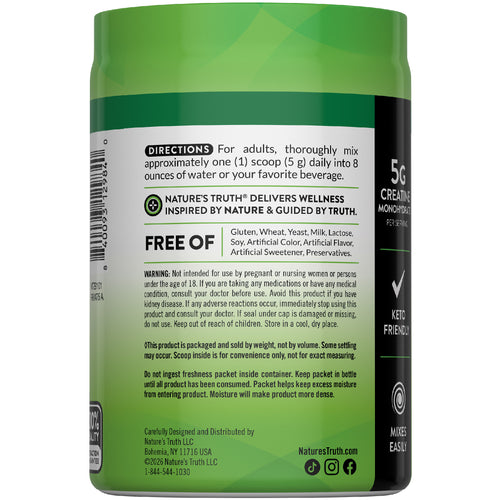 NT Creatine Powder 10.58 oz tub showing text '5G Creatine Monohydrate per serving, Keto Friendly, and Mixes Easily'.