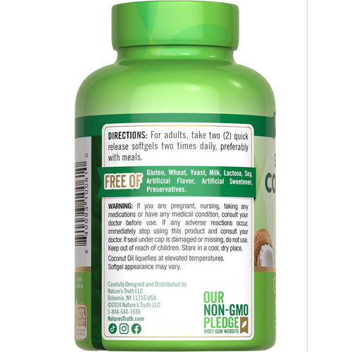 View 8 A hand holding a bulk scale of Coconut Oil 1000 mg Softgels, showcasing nutritional supplement size and packaging.